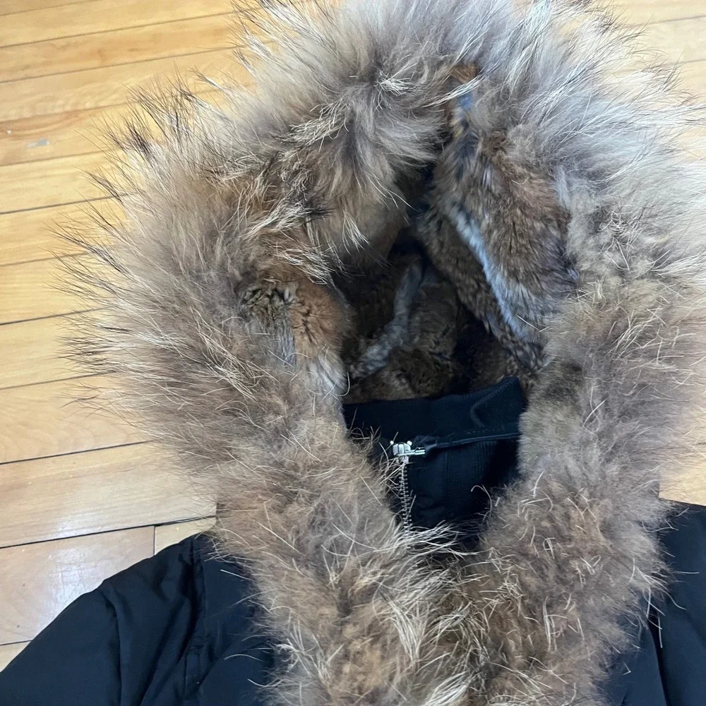 Mackage Montreal Black Down Puffer Parka Fur Trim Hood Coat Womens Large - Picture 3 of 10